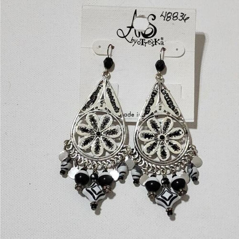 Treska Black White Silver Floral Teardrop Chandelier Beaded Dangle Earrings